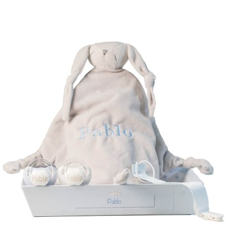 Pack Doudou y 2 chupetes personalizados con nombre del bebé con sujetachupetes